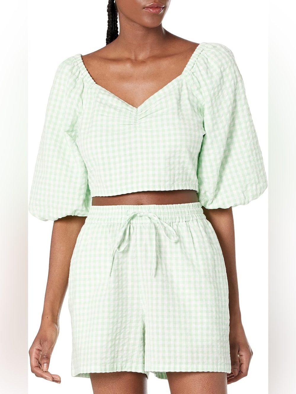 The Drop Green Gingham Puff Sleeve Crop Top XL Queen Neckline Smocked Back NEW